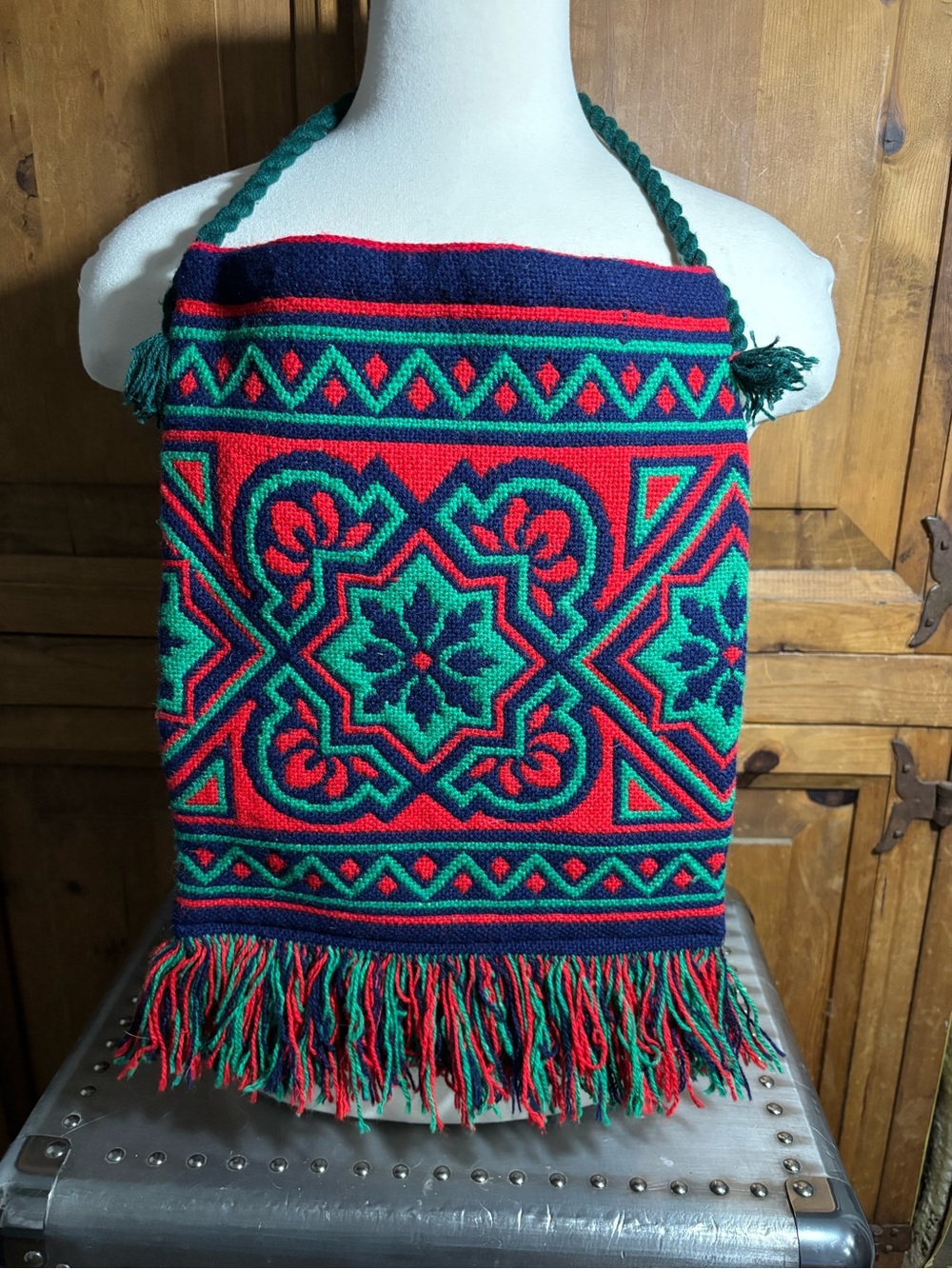 Vintage Handwoven Green & Red Fringed Shoulder Bag
